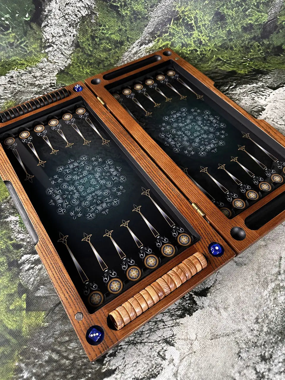 Interior view of handcrafted wooden backgammon board with pieces