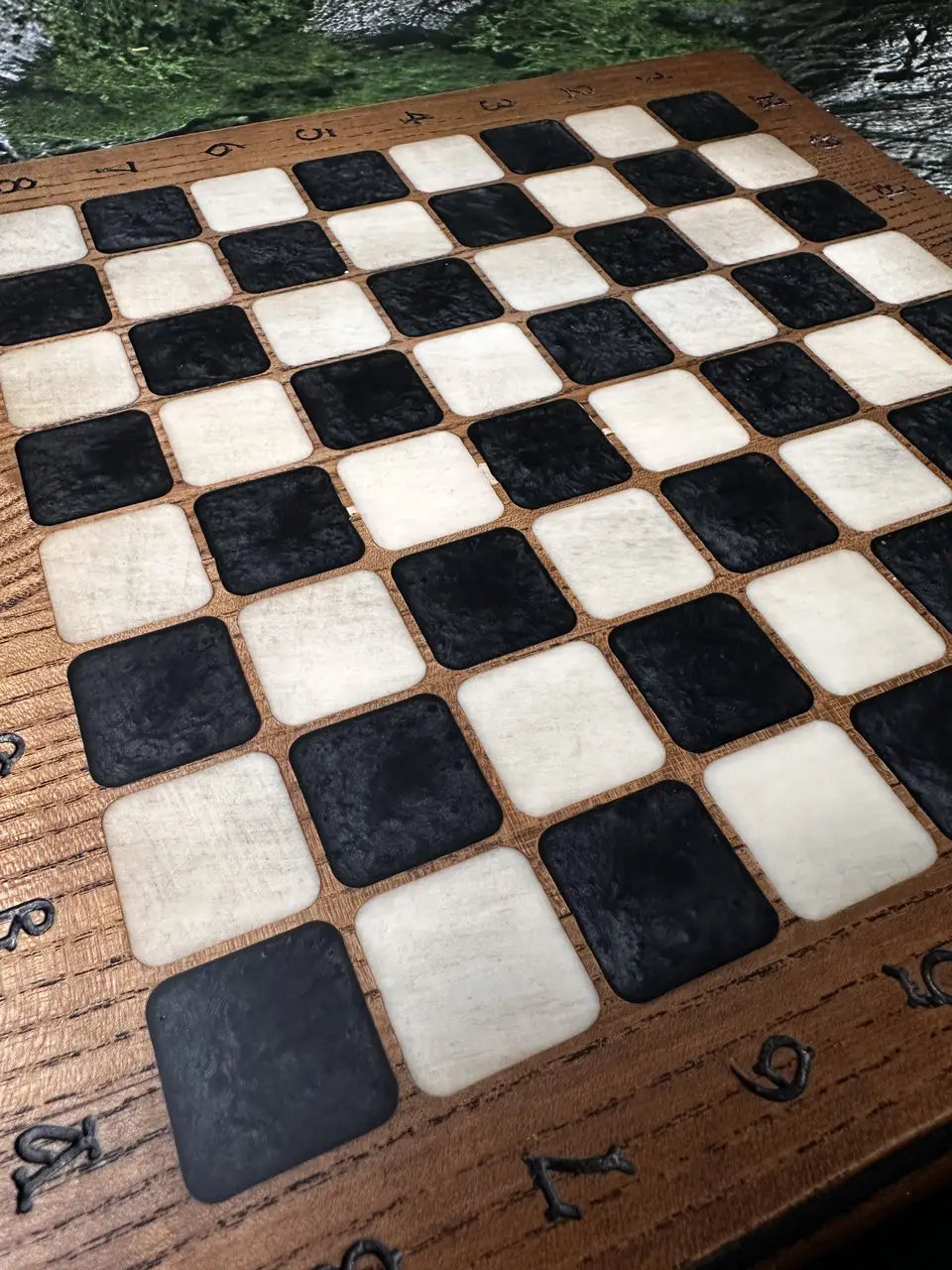 Premium wooden chess board with epoxy resin squares and luxury resin chess pieces, handcrafted design