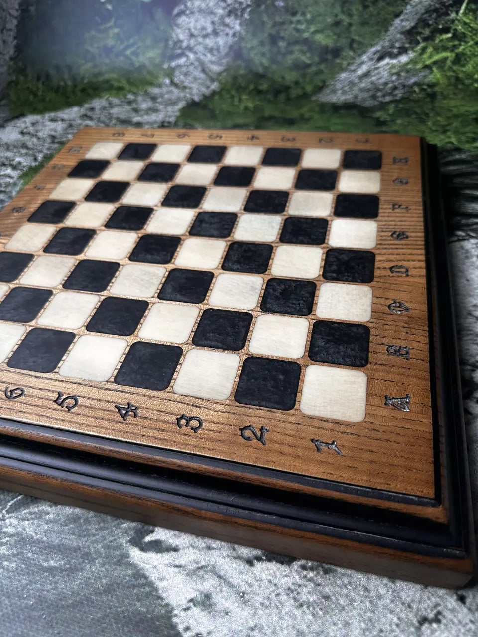 Handcrafted ash wood chess board with epoxy resin inlays and premium resin chess pieces