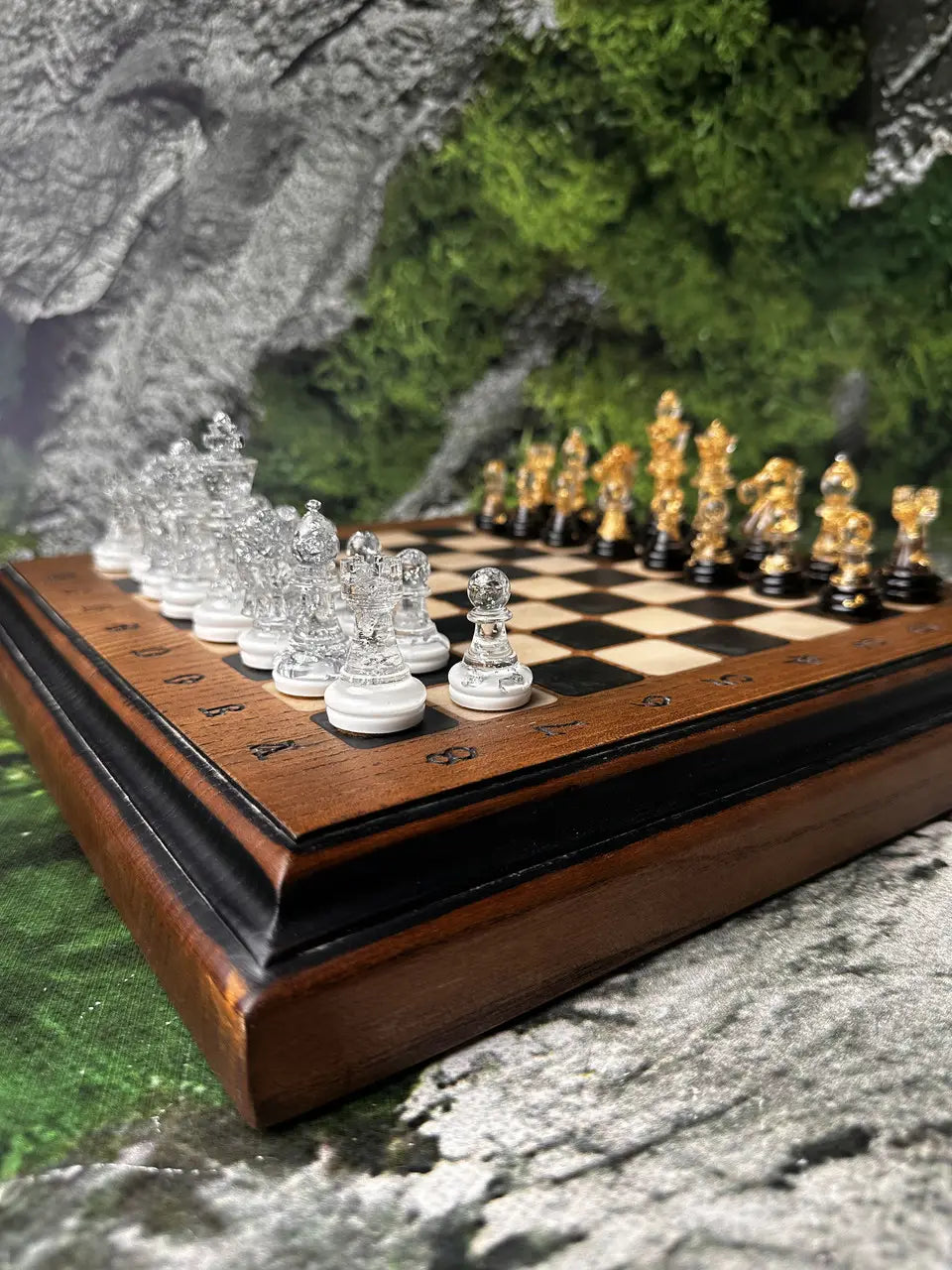 Elegant handmade chess board with smooth wooden finish and epoxy resin details