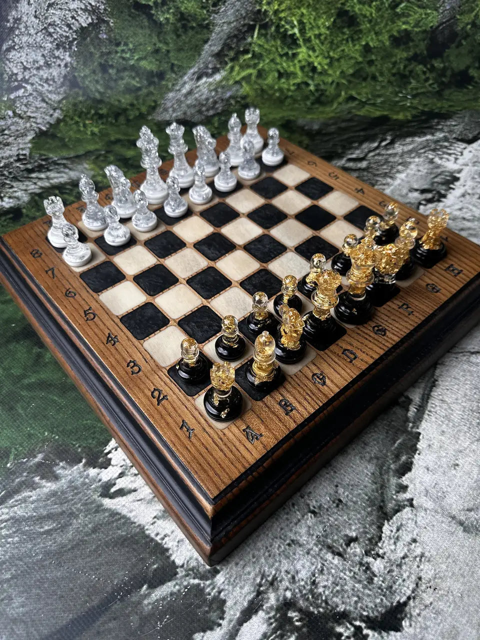 Exclusive handmade chess set made of ash wood and epoxy resin with designer chess pieces