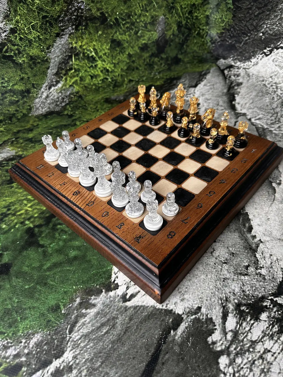 Premium wooden chess set with epoxy resin board and luxury resin chess pieces, handcrafted design