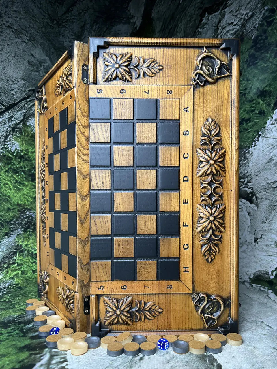 Hand-carved wooden backgammon board with Masonic symbol and resin checkers