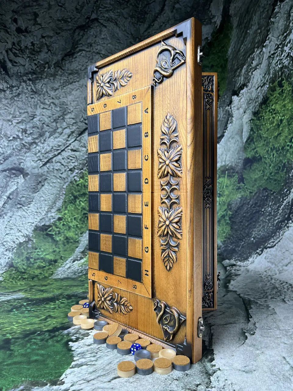 Front view of wooden backgammon board with symmetrical carved ornament