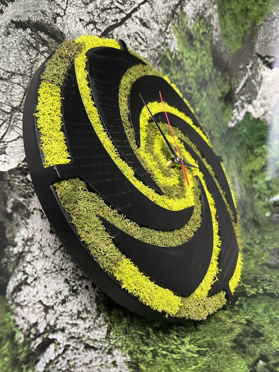 Handmade wood wall clock with stabilized moss