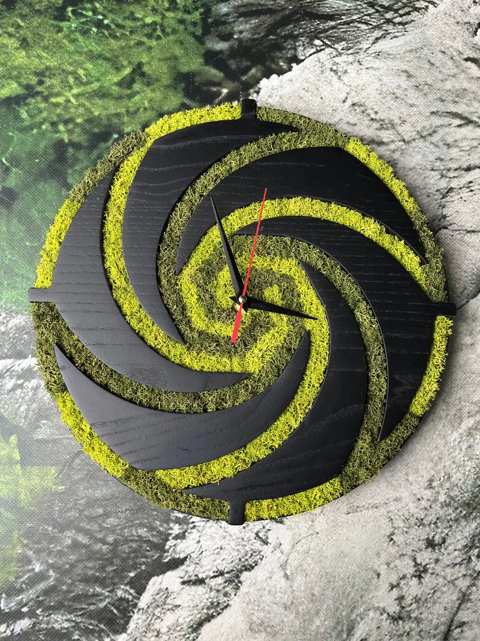Wood Wall Clocks with radiant green moss spiral
