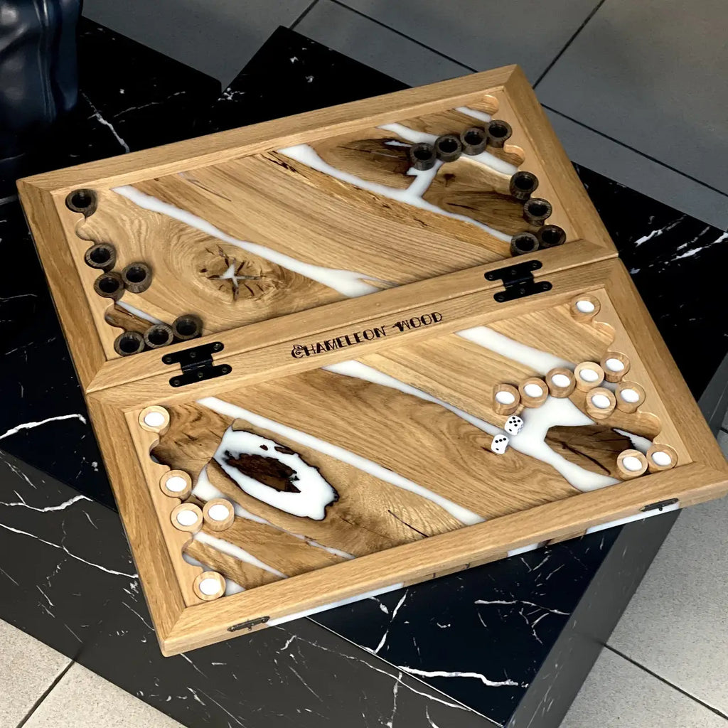 Ivory River handmade backgammon board during play with light and dark wooden checkers