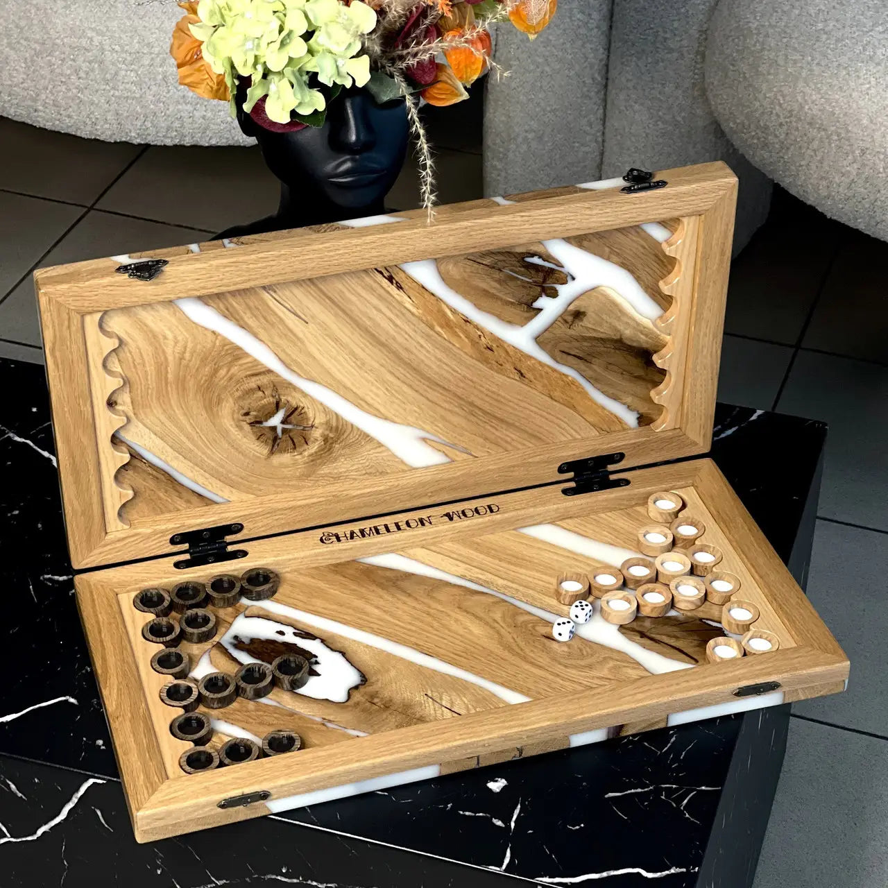Luxury Ivory River wooden backgammon set with white epoxy resin and wooden pieces