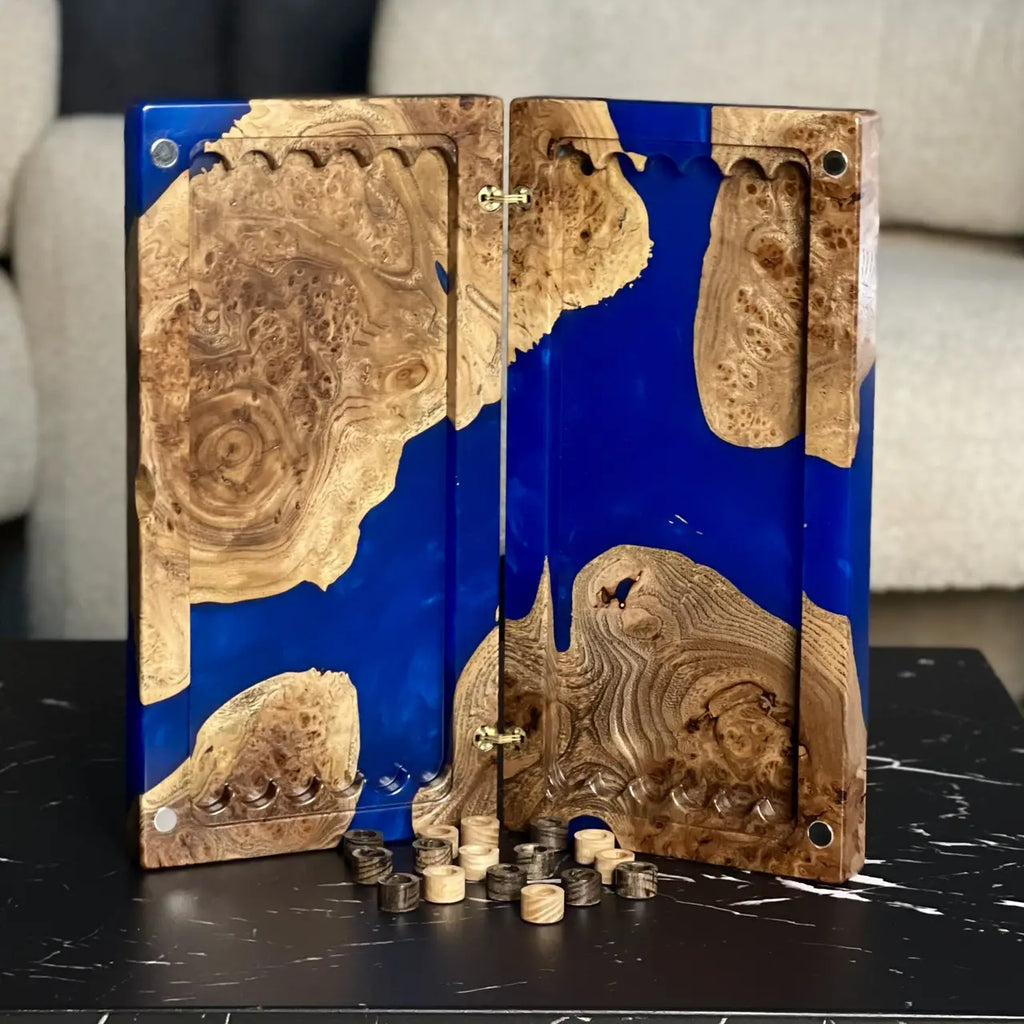 Sapphire luxury wooden backgammon board set handmade with epoxy resin