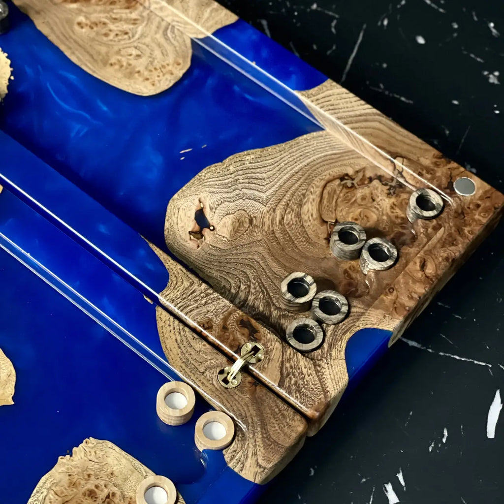 Handmade sapphire backgammon game set opened for play