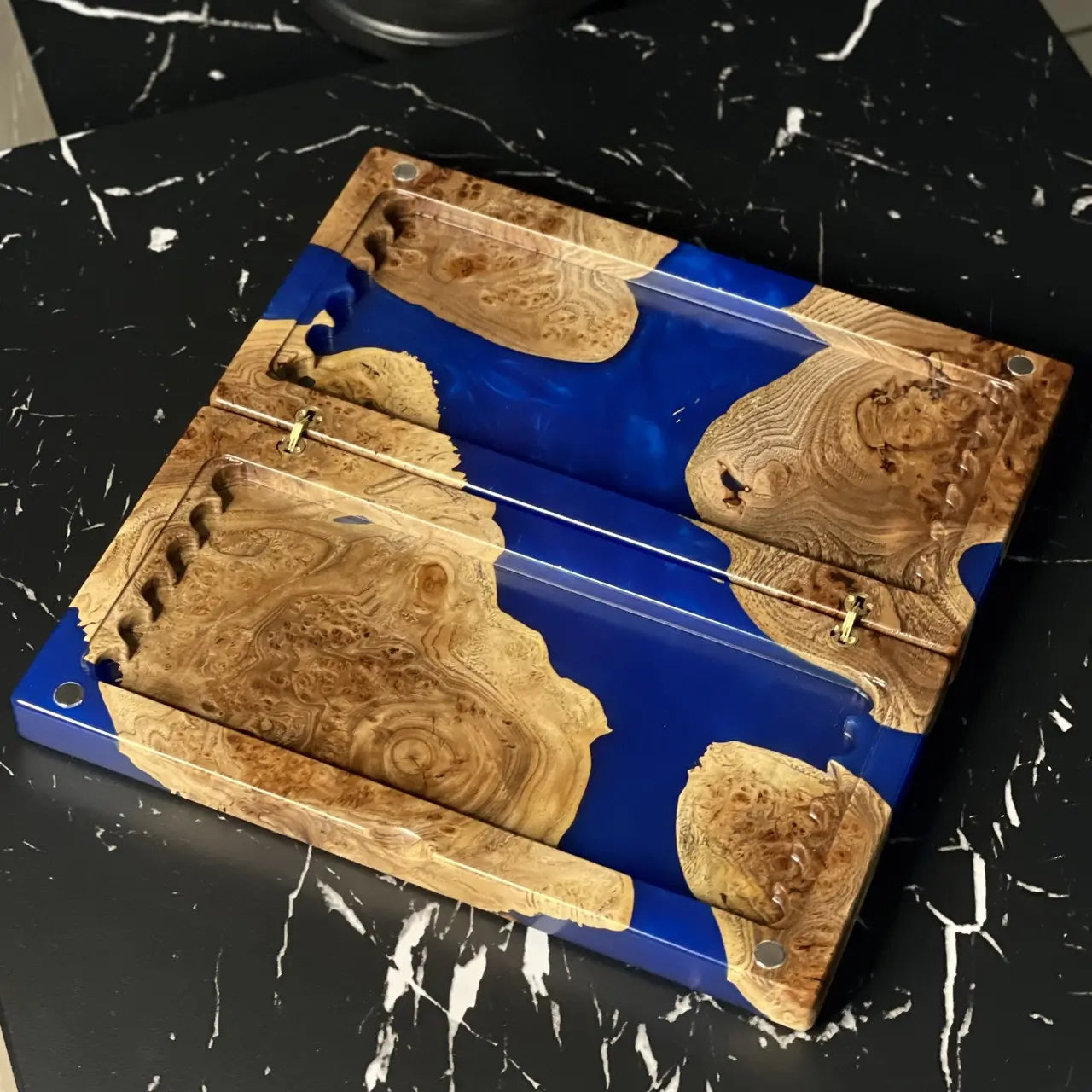 Compact luxury wooden backgammon board folded for travel