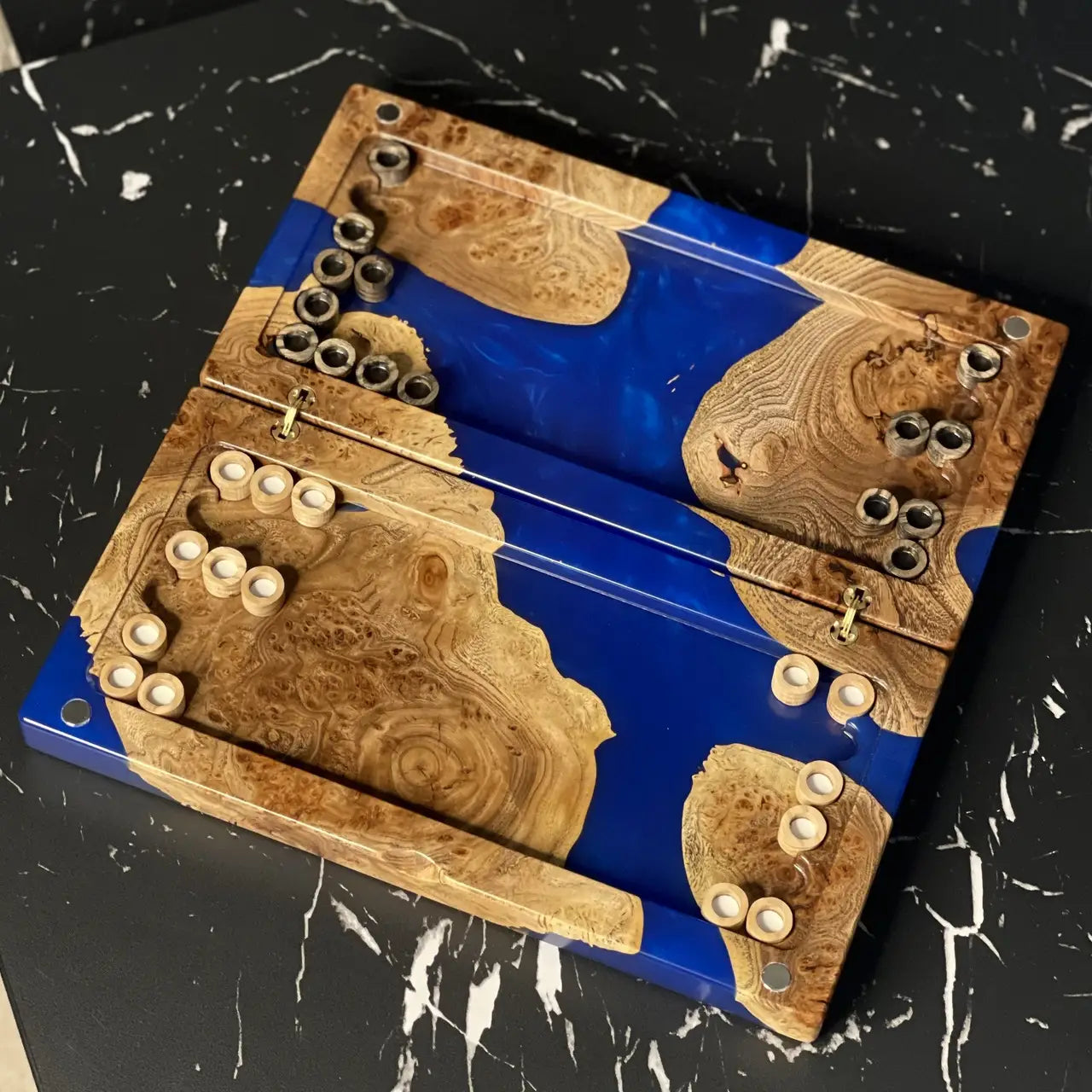 Premium sapphire blue wooden backgammon board with handcrafted checkers