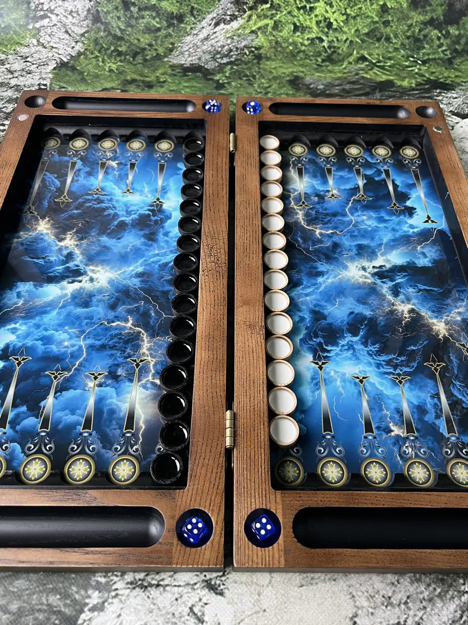 Handmade wooden chessboard with tempered glass and lightning themed design