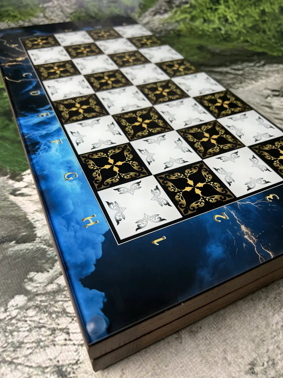 Premium ash wood backgammon set with epoxy resin checkers and blue dice