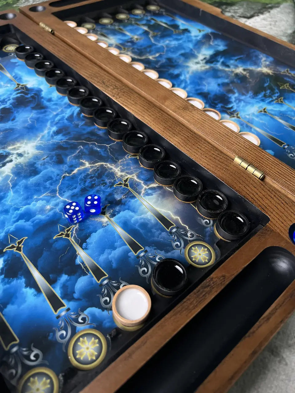Luxury handmade wooden game set 3 in 1 displayed open with accessories
