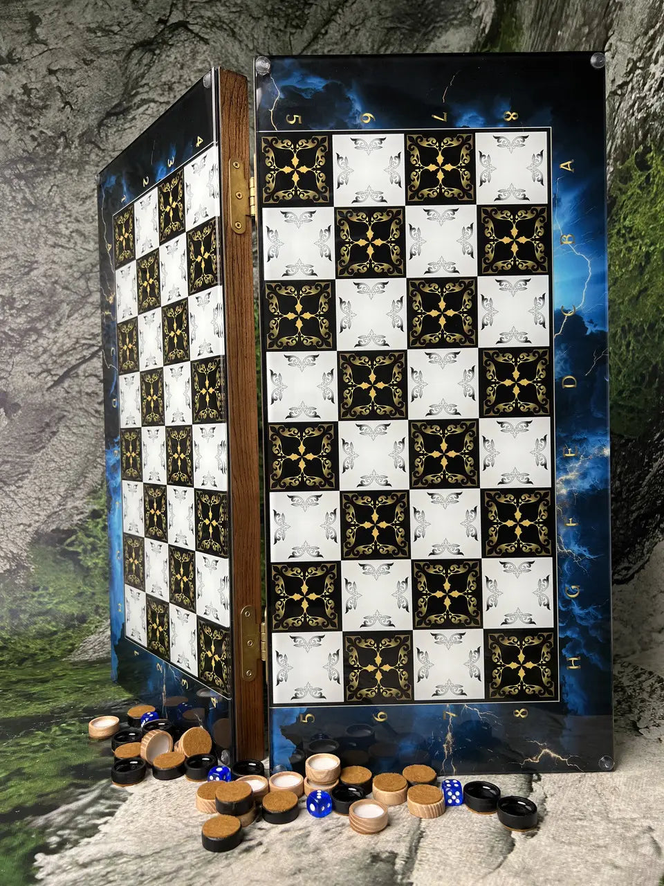 Handcrafted 3 in 1 wooden game set with tempered glass lightning design – chess, backgammon and checkers