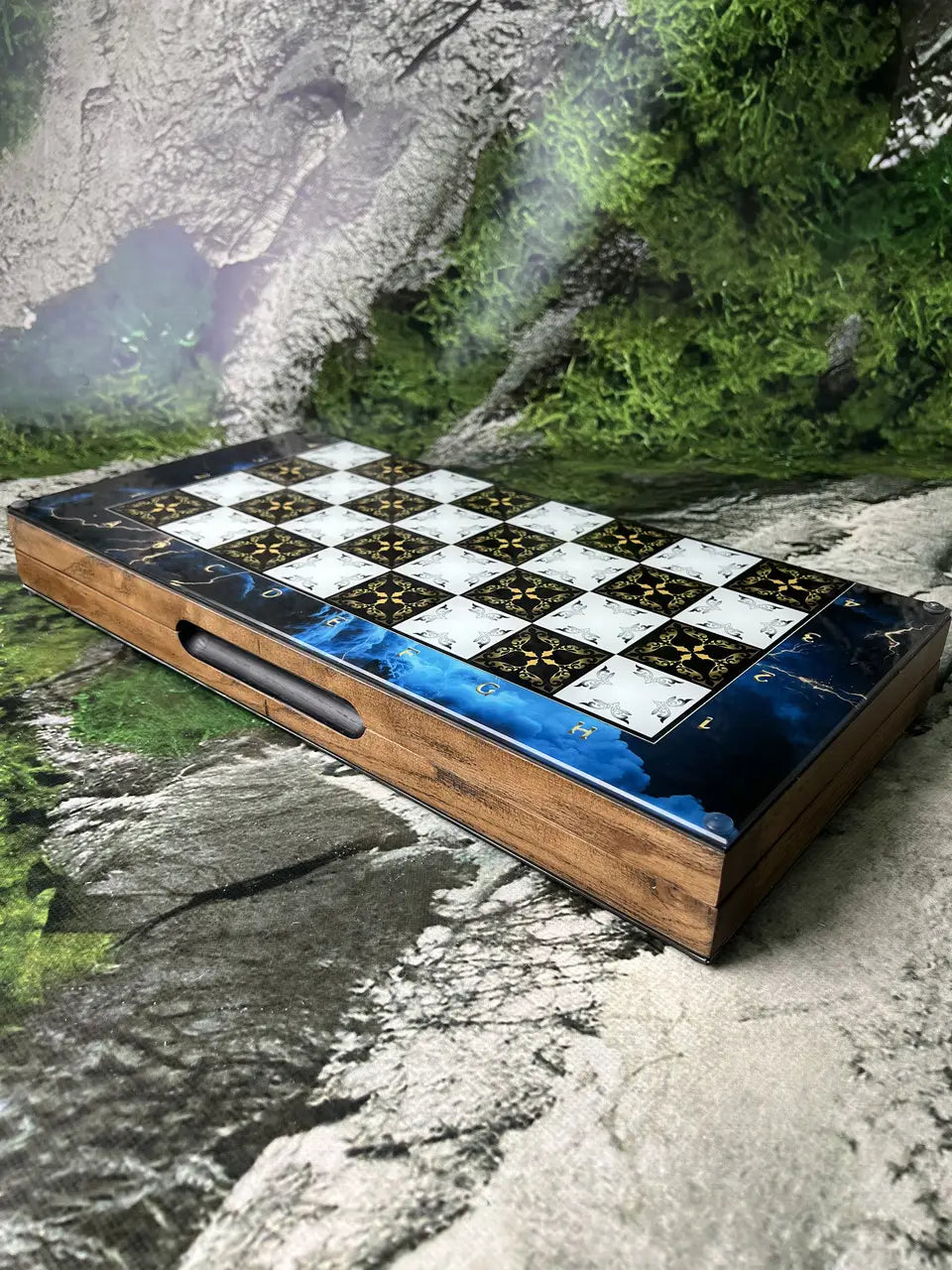 Luxury wooden backgammon board with blue lightning pattern under tempered glass, handmade