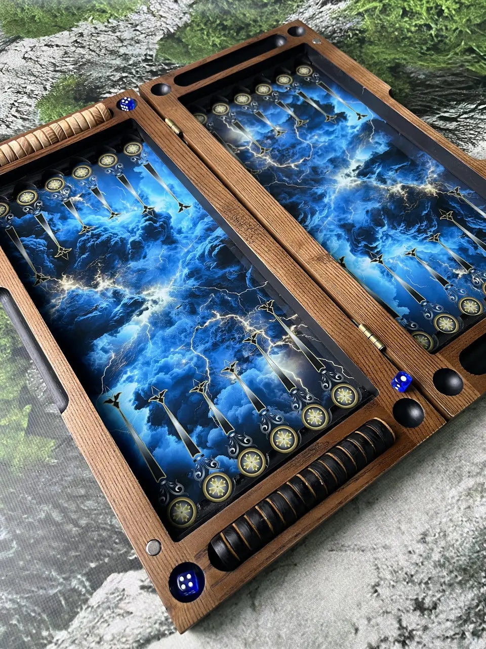 Close-up of epoxy resin backgammon checkers and ash wood board