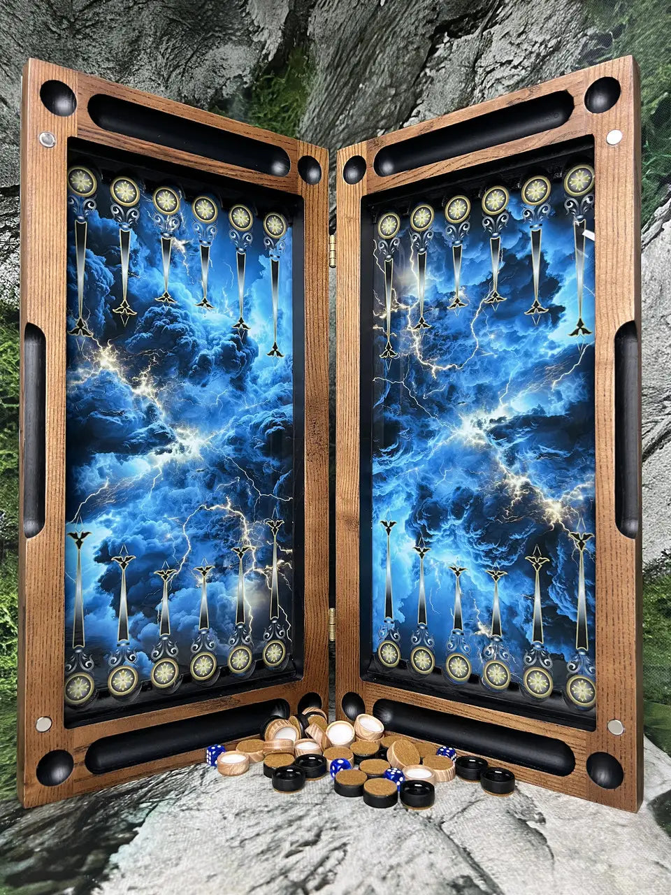 Detail of wooden backgammon board with lightning artwork and smooth playing surface