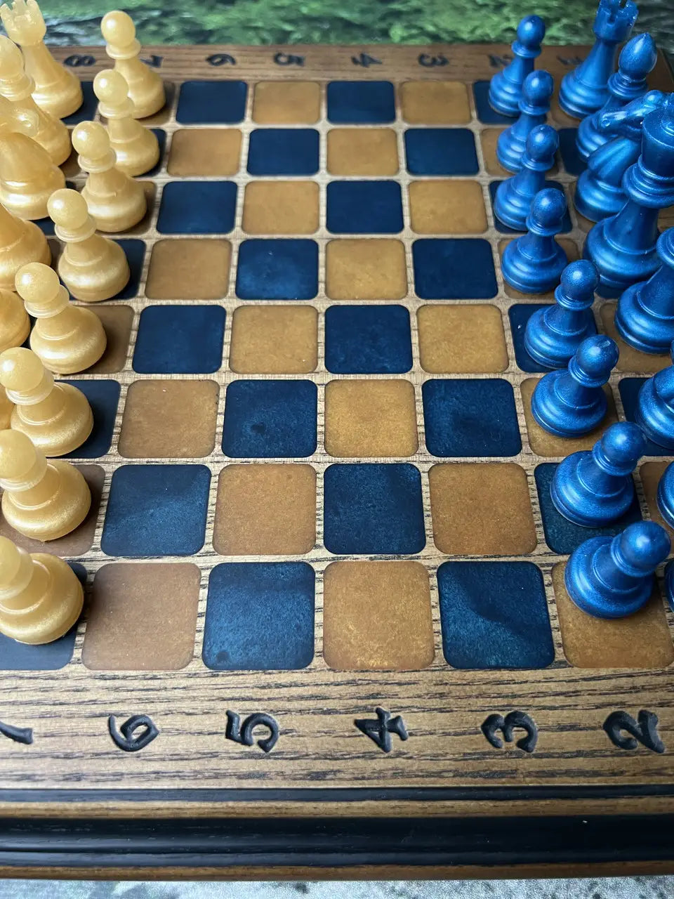 Handmade epoxy resin chess board with decorative chess pieces
