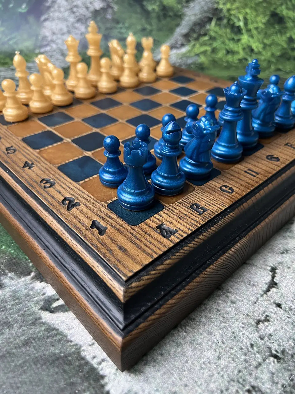 Luxury artisan chess board with blue and natural wood design