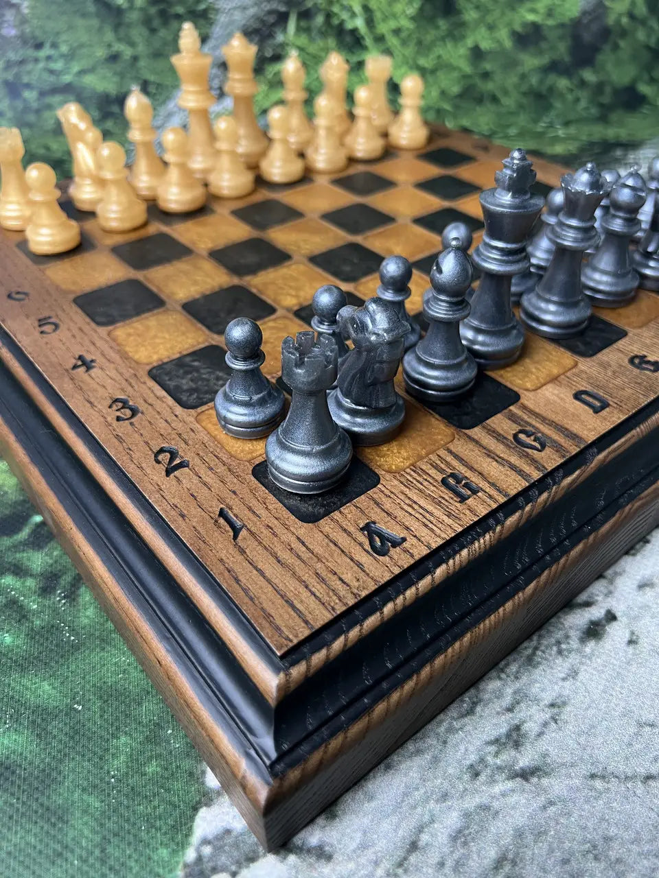 Wooden chess board with elegant resin chess pieces