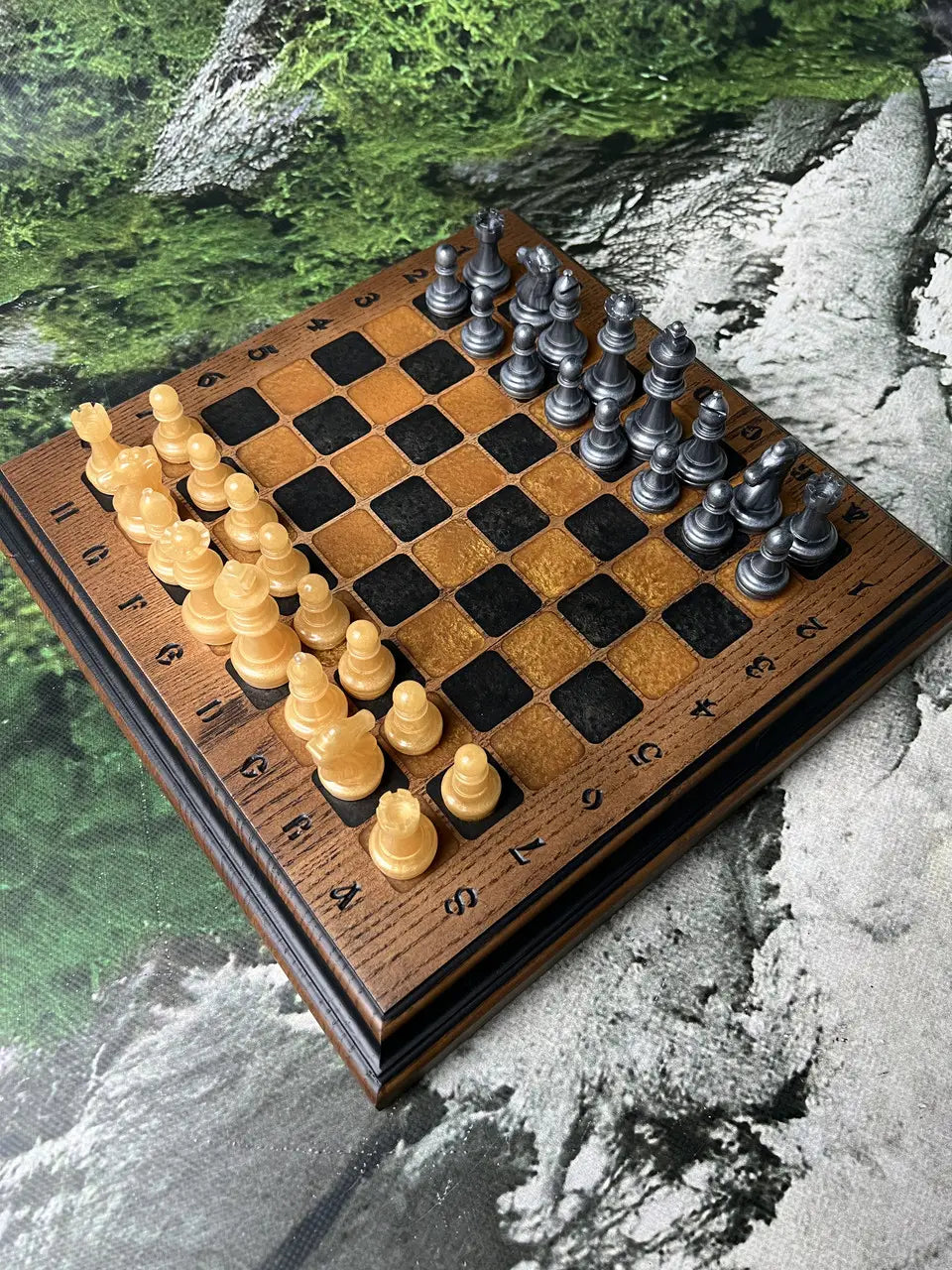 Premium epoxy chess set with handcrafted wooden board