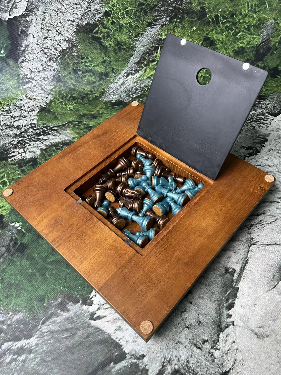 Velvet bronze resin chess pieces stored inside handcrafted wooden chess board with magnetic lid