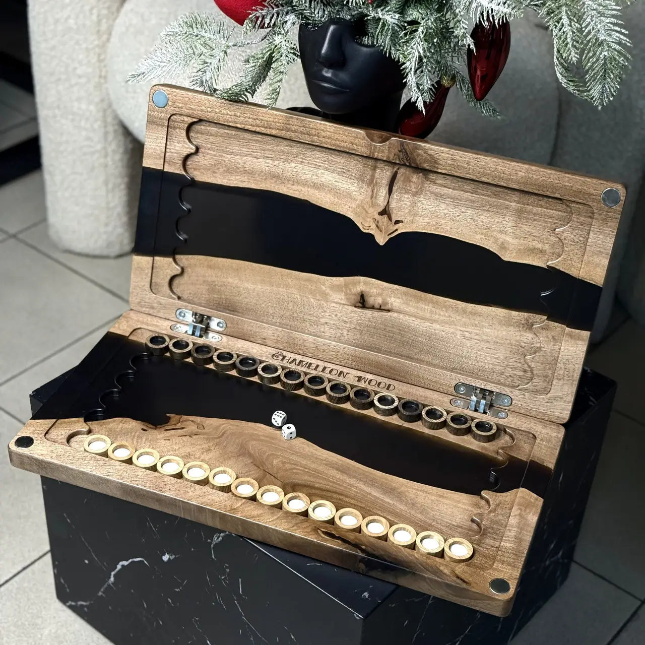 Black River handmade wooden backgammon set with black epoxy resin