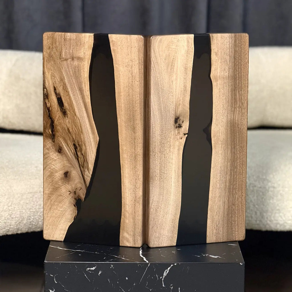 Natural wood backgammon board with black epoxy resin channels
