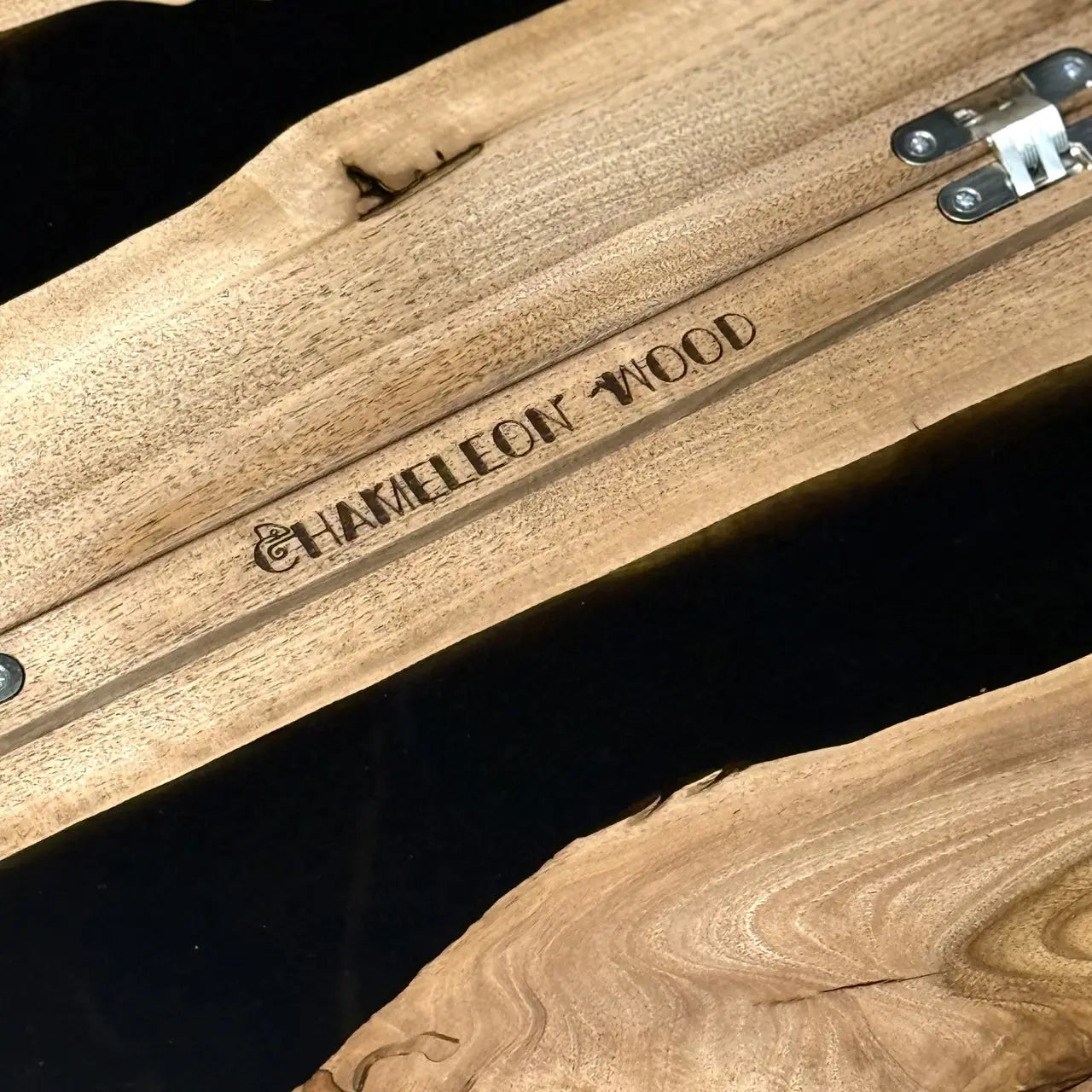 Open Black River magnetic backgammon board with natural wood and black resin