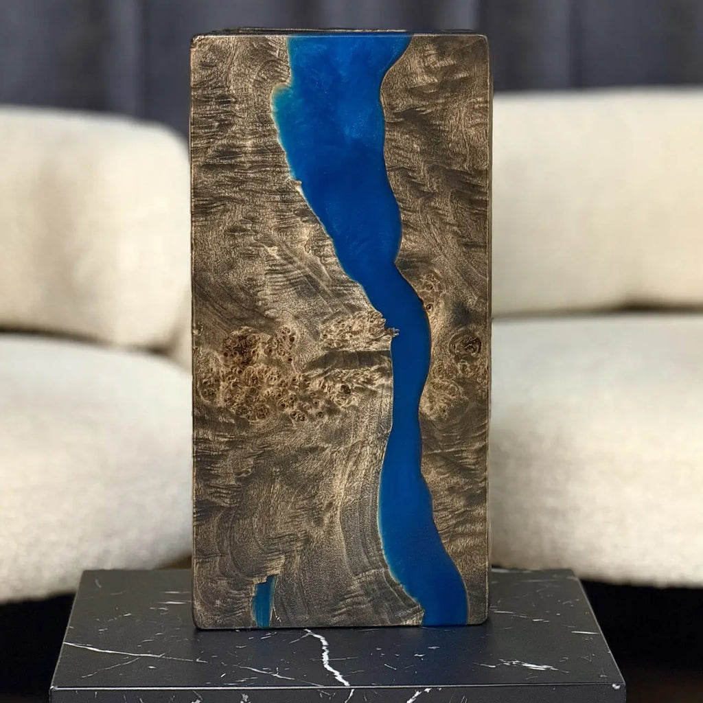 Handmade folding backgammon board with textured wood and blue resin