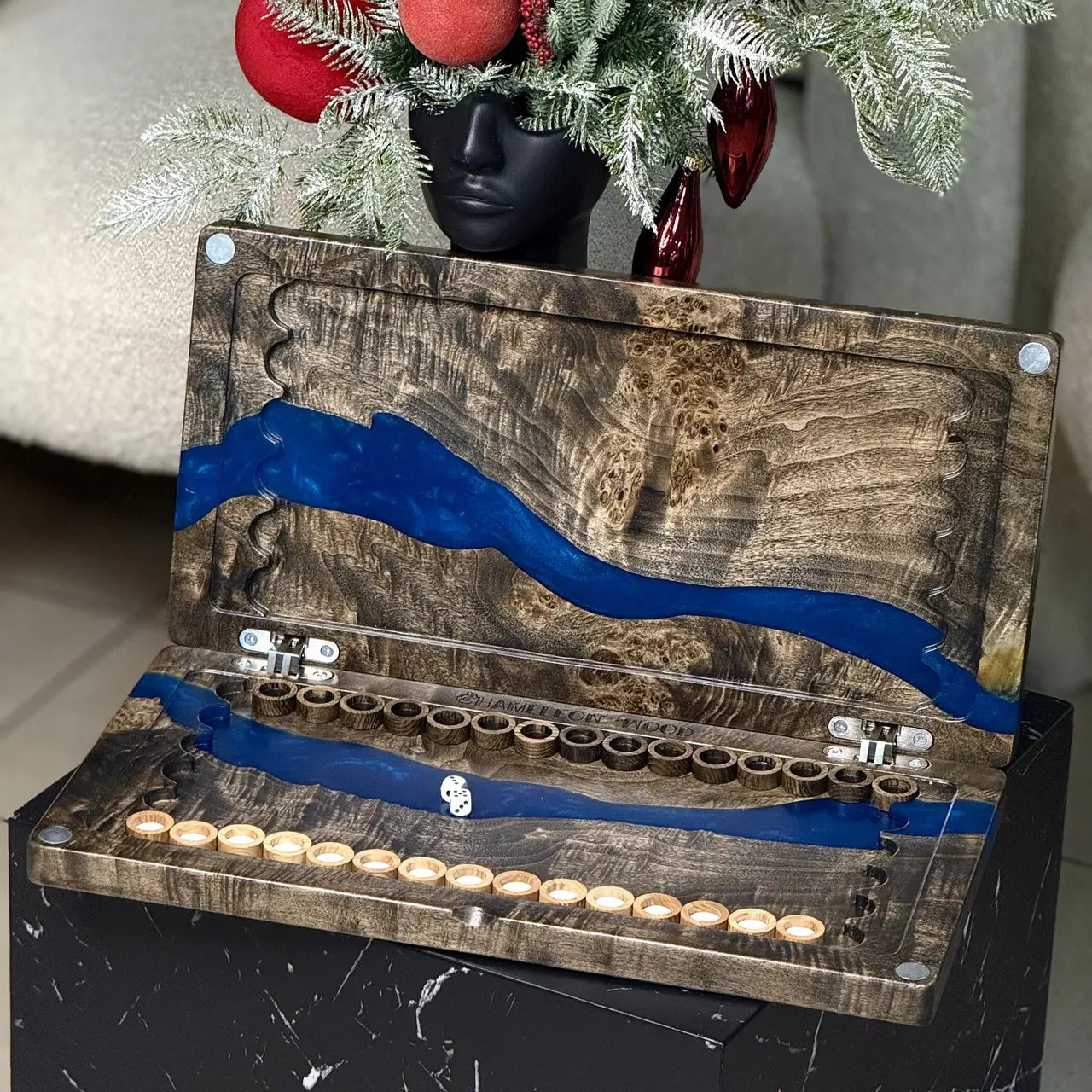 Open Blue Canyon magnetic backgammon board with blue resin channels