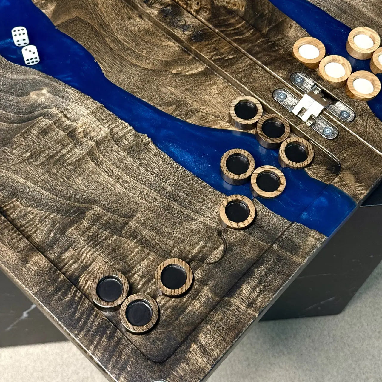 Blue Canyon handmade wooden backgammon set with blue epoxy resin