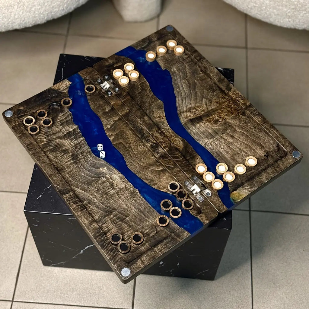 Artisan Blue Canyon wooden backgammon set with playing pieces and dice