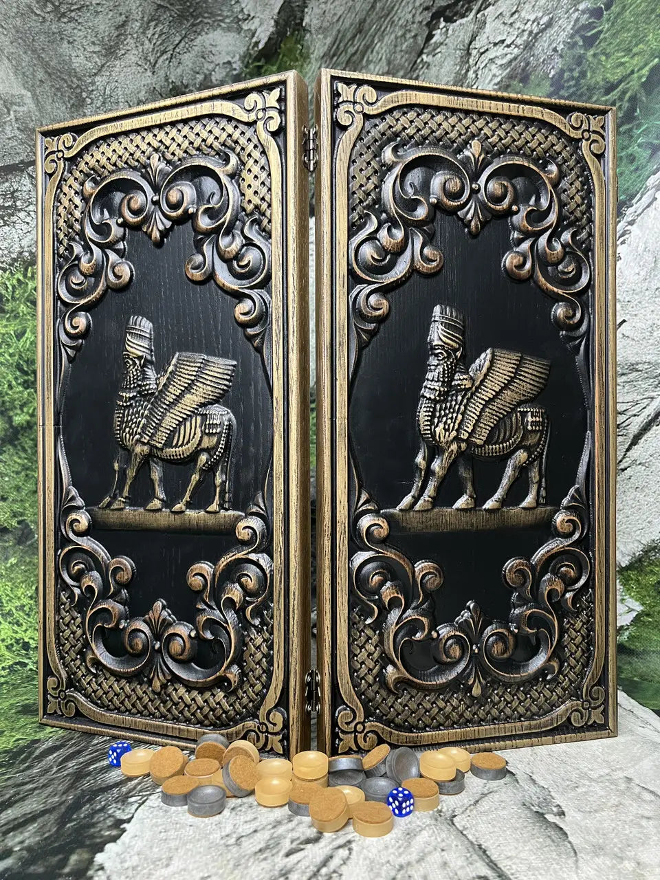 Premium ash wood backgammon set with carved Shedu artwork