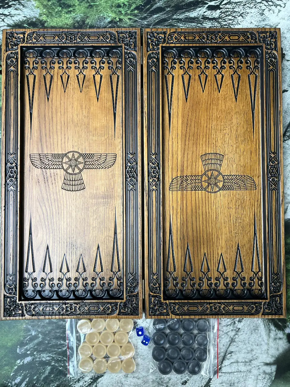 Luxury wooden backgammon board with engraved playing surface