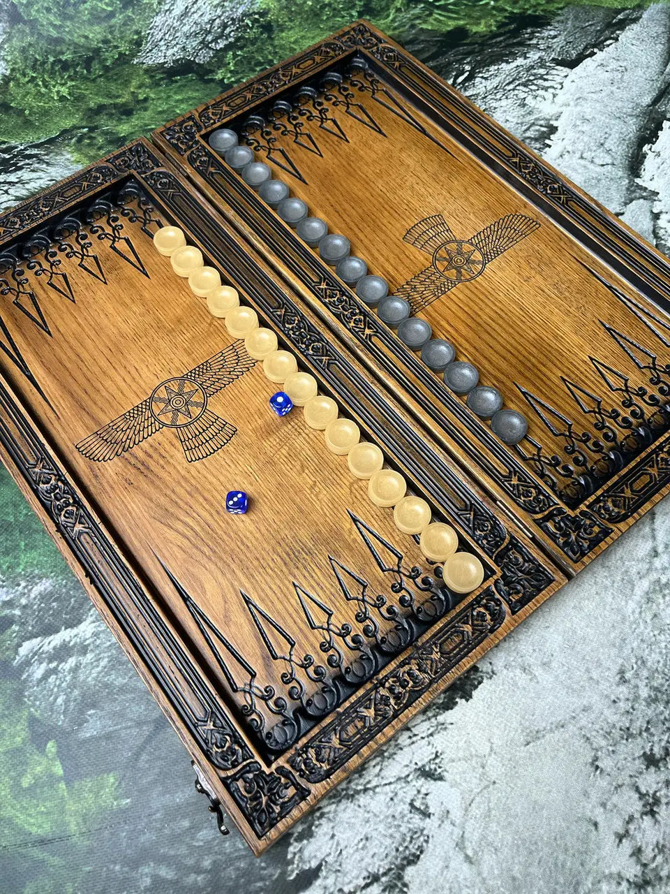 Open handcrafted Shedu wooden backgammon board with carved patterns