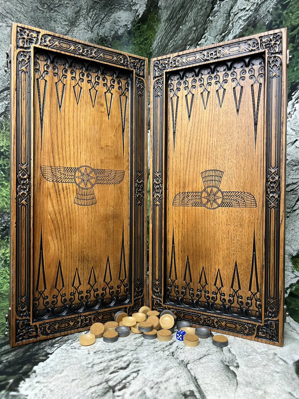 Handcrafted wooden backgammon board opened for gameplay