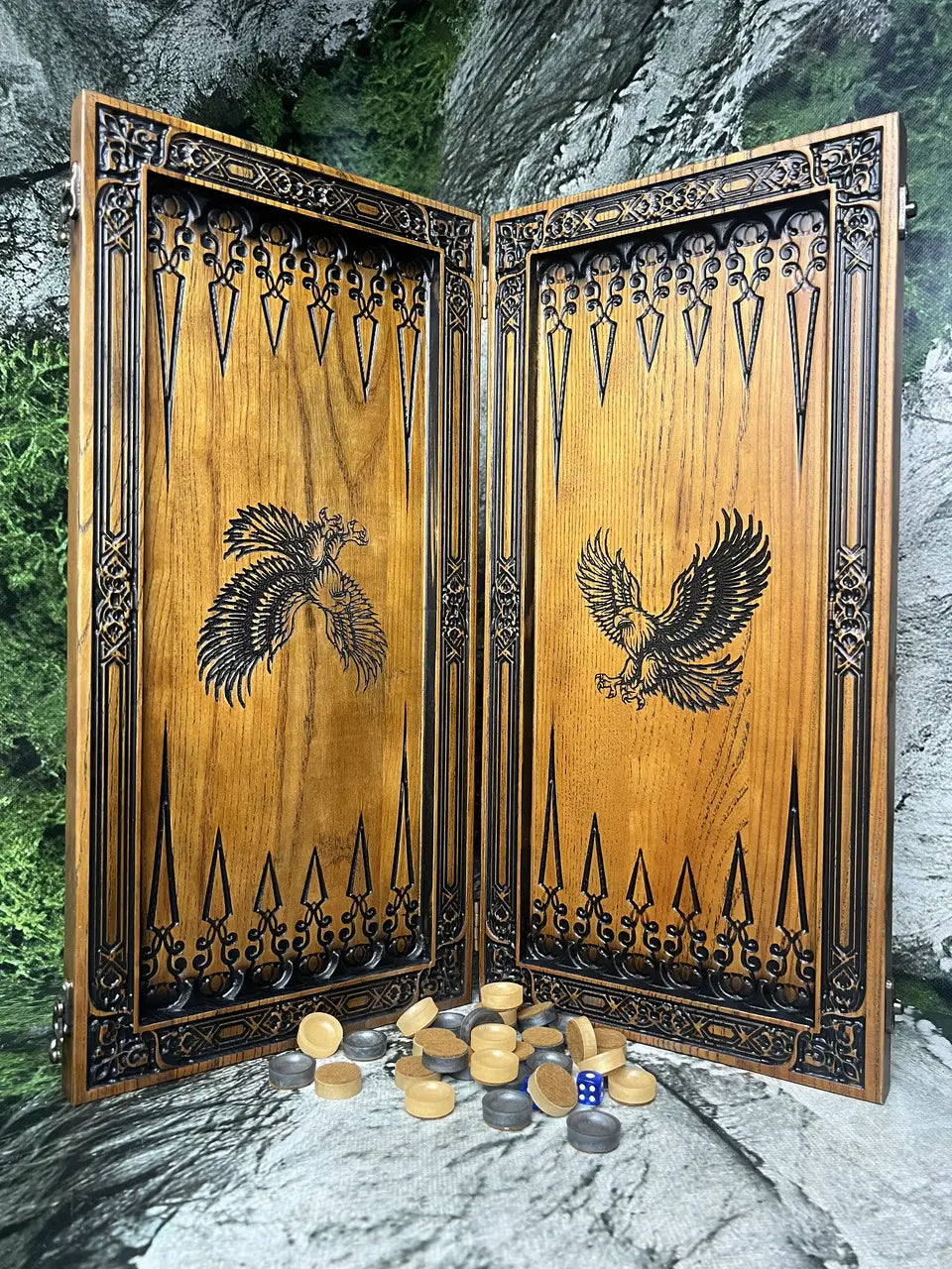 Luxury carved wooden Eagle backgammon board with checkers and dice