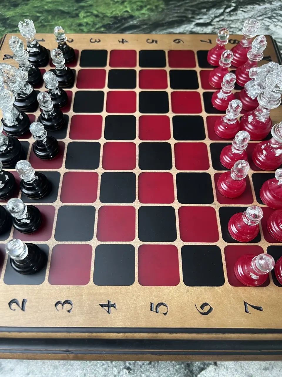 Luxury resin chess board with transparent chess pieces