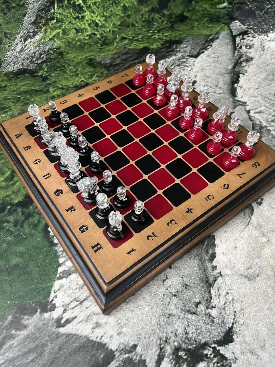Handcrafted epoxy resin and ash wood chess set