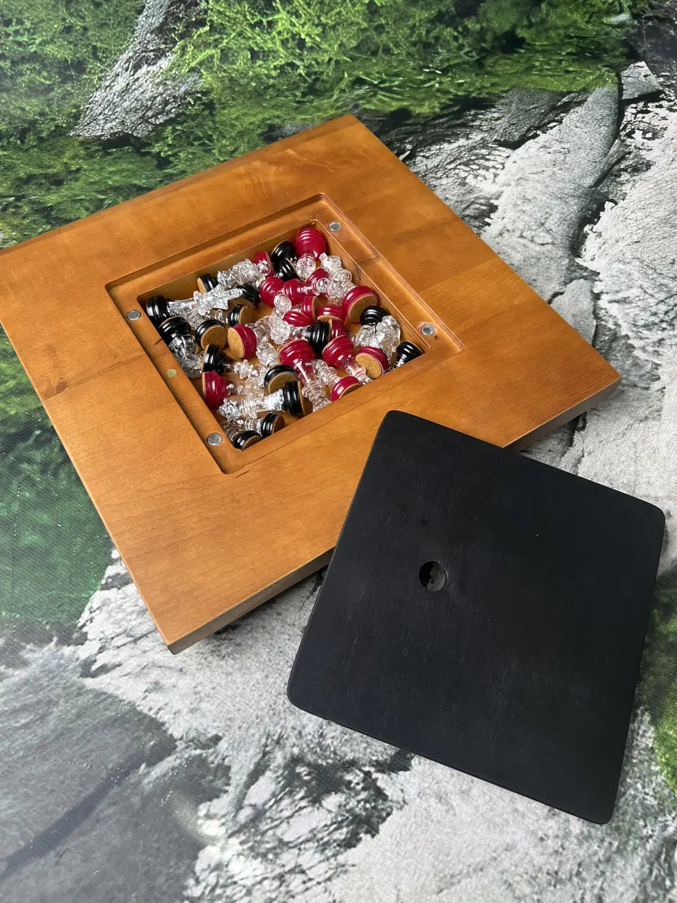 Handmade epoxy resin chess board close-up