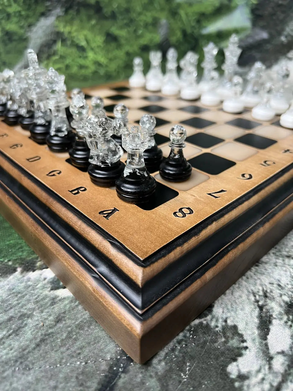 Premium artisan chess board with resin chess pieces