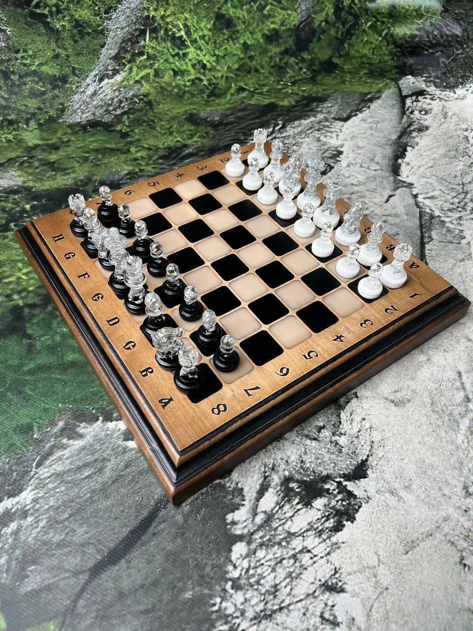 Artisan chess set with handcrafted ash wood board