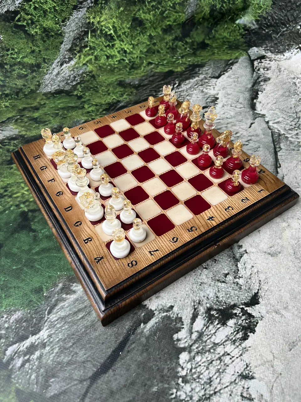 Luxury chess set with handcrafted ash wood board