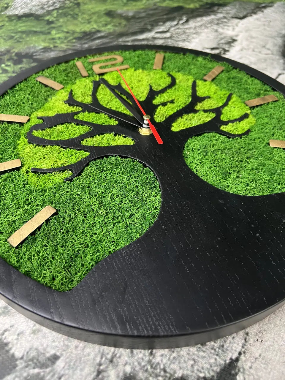 Wooden Wall Clock with dark tree silhouette
