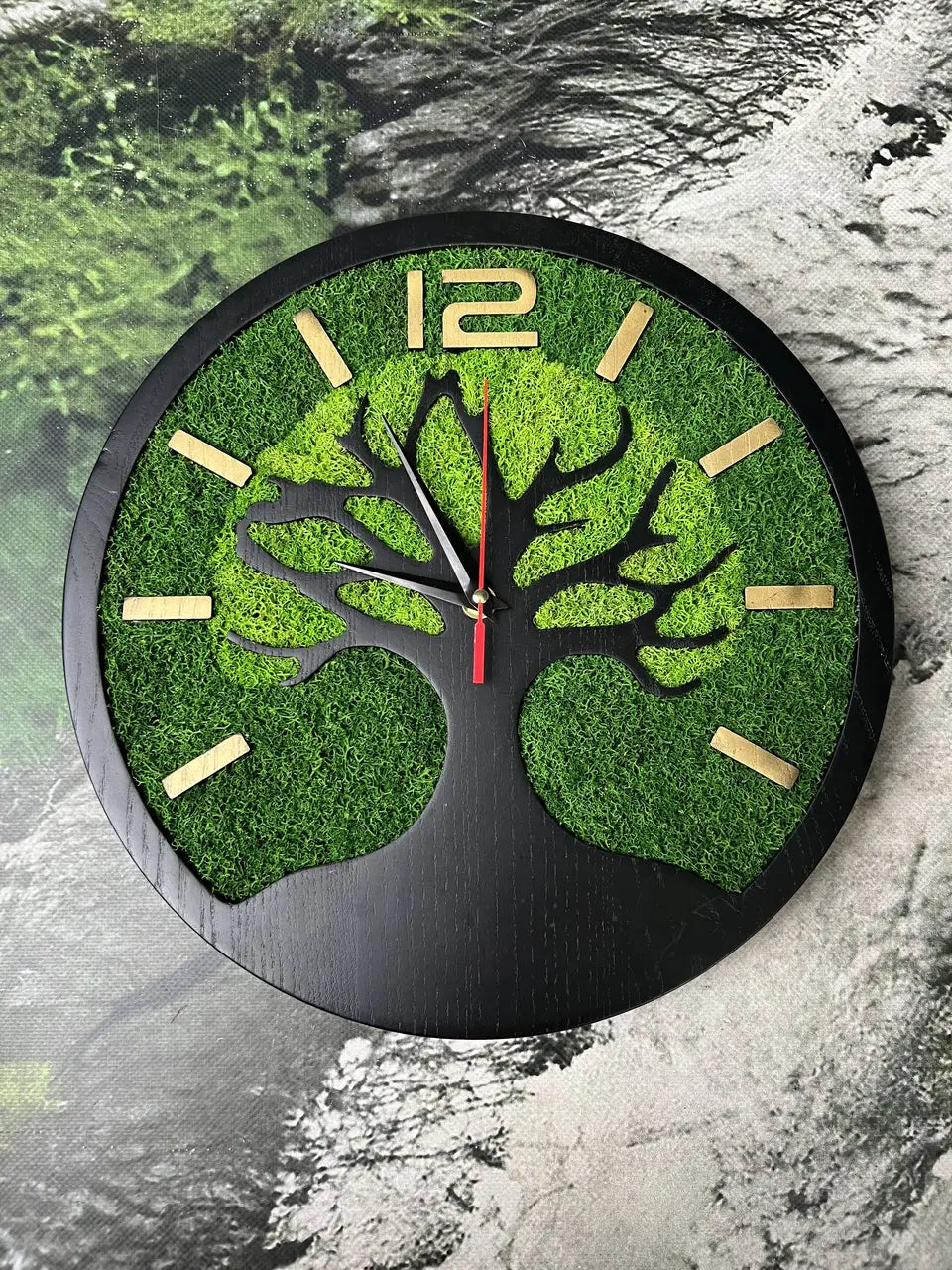 Wooden Wall Clock with Tree of Life and green moss