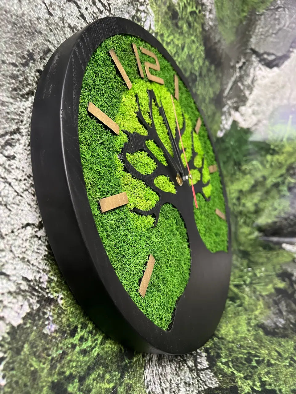 Handmade wooden wall clock with stabilized moss