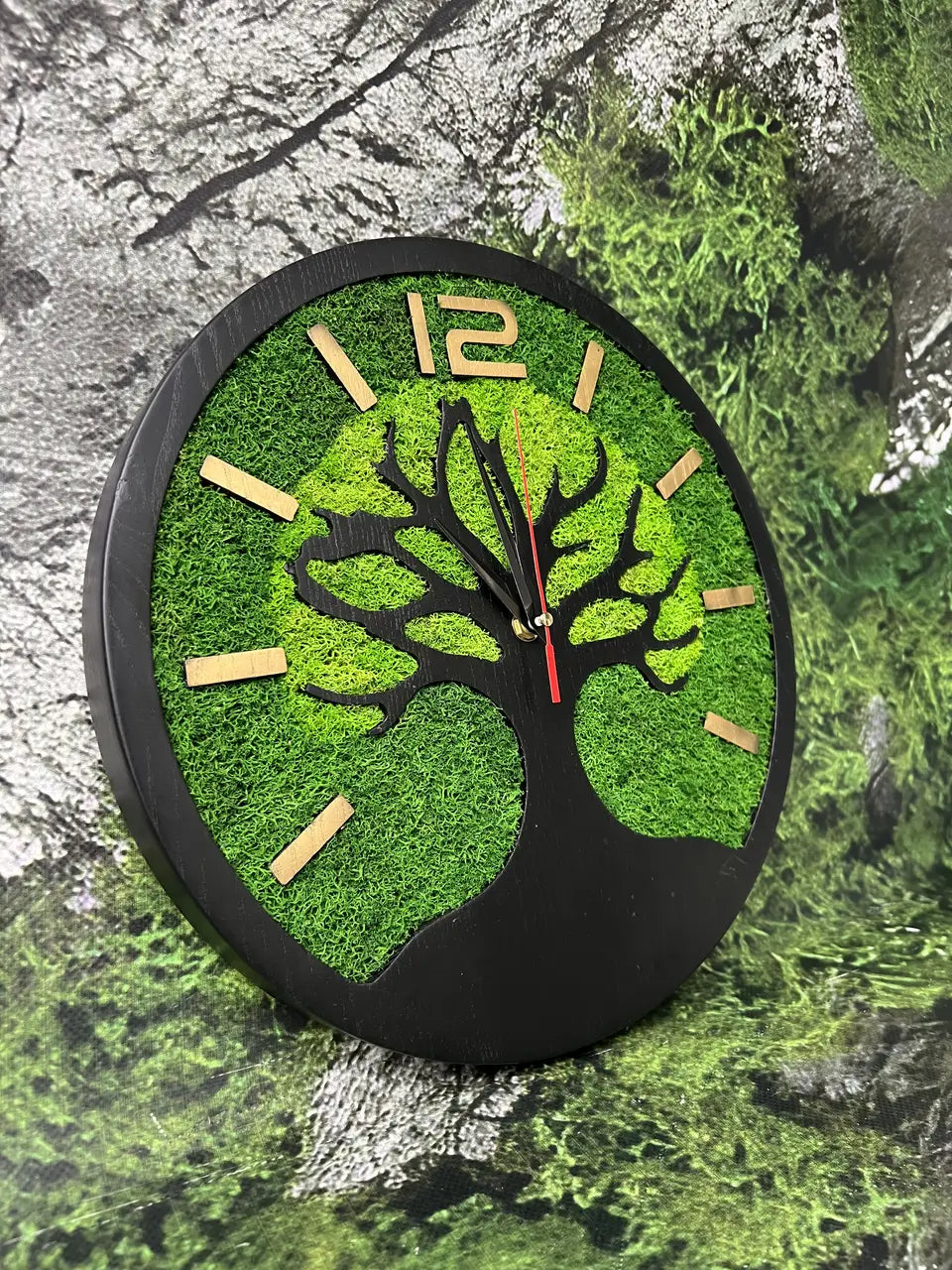 Tree of Life wooden clock with natural green moss